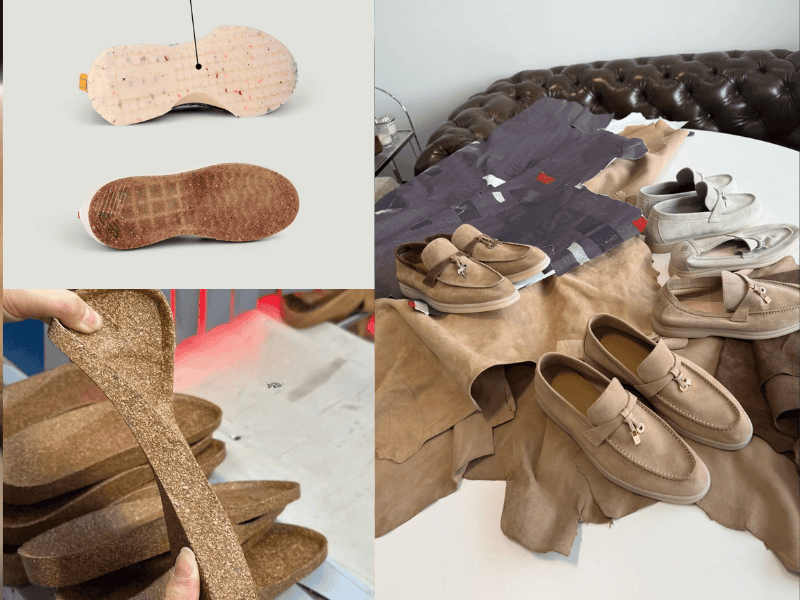 Verschiedene nachhaltige Schuhmaterialien, darunter veganes Leder, recycelte Stoffe und Gummisohlen für maßgefertigte Herrenschuhe.