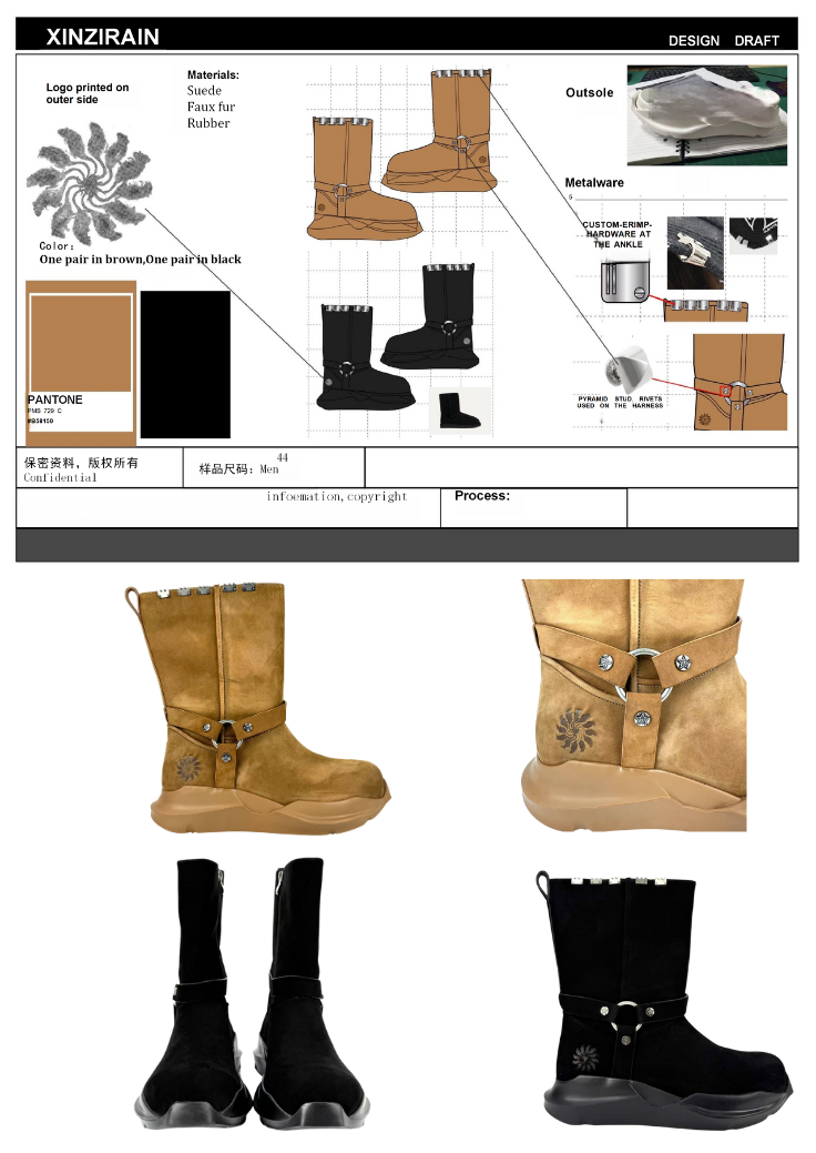 Desde el boceto de diseño hasta el producto final, XINZIRAIN muestra toda su capacidad de fabricación como fabricante de calzado a medida. La imagen muestra el borrador del diseño técnico original para botas de gamuza y piel sintética, incluyendo muestras de color, detalles de la suela y los herrajes, junto con las botas terminadas en marrón y negro, demostrando la precisa materialización del concepto inicial.