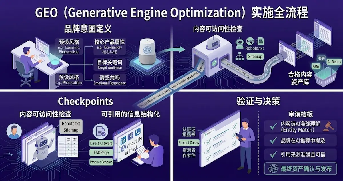 GEO怎么做?让AI能够访问网站,让机器更容易读懂页面,使用结构化数据说明实体关系,用直接答案开头,用具体信息代替空泛表达,使用表格、列表和清晰的答案块。