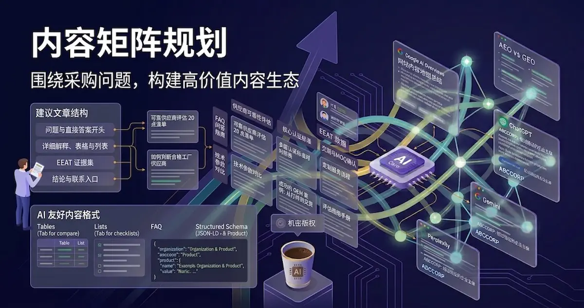 内容不要只围绕关键词,要围绕采购问题,内容矩阵分类,每篇文章建议结构,AI 友好内容格式