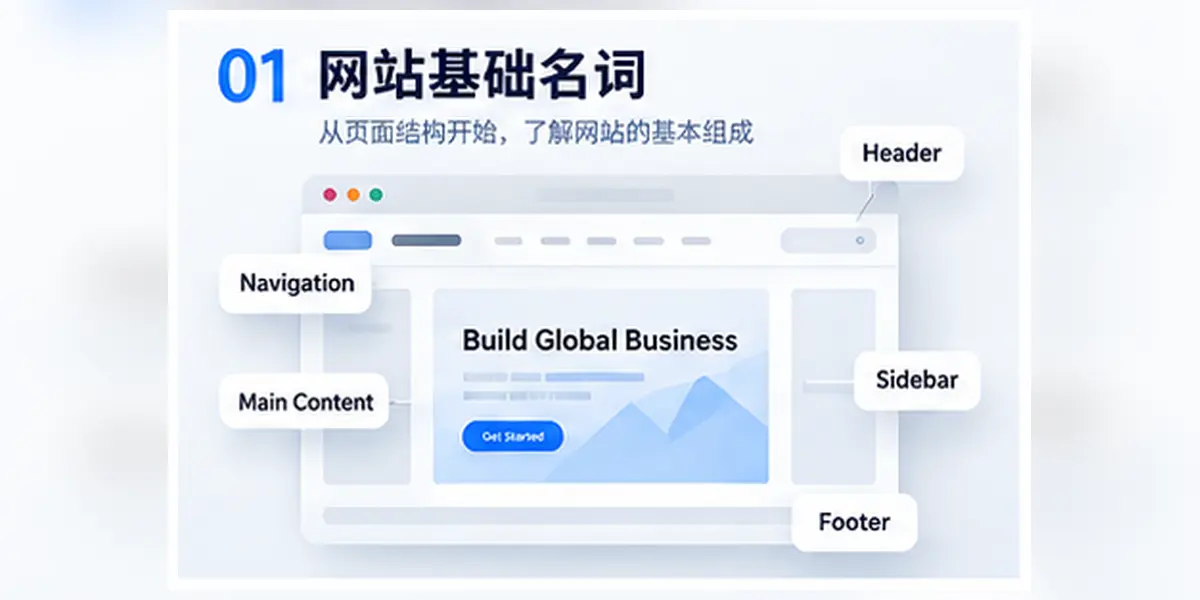 外贸独立站网站基础名词图解,展示页眉、导航、主体内容、侧边栏、页脚与表单等页面核心结构组成