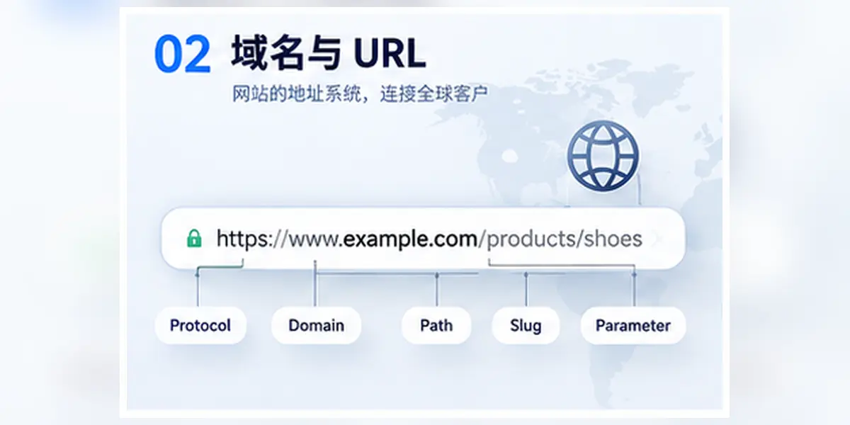 外贸独立站域名与URL图解,展示协议、域名、路径、Slug、参数与锚点等常见网址的结构组成