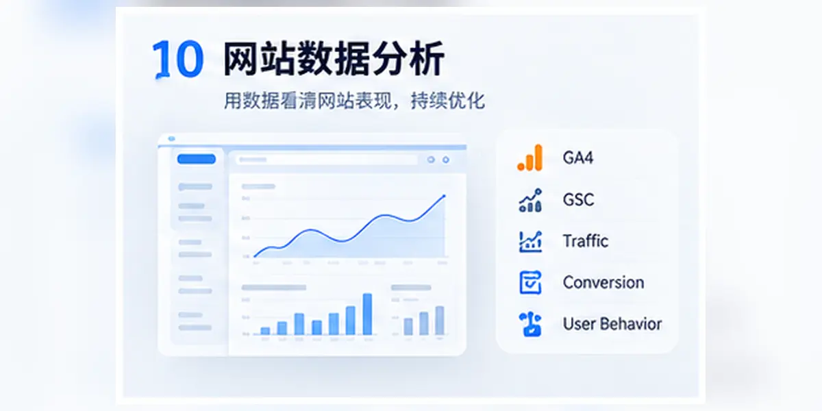 外贸独立站网站数据分析图解,展示GA4、GSC、流量、转化率、用户行为与数据报表指标全体系