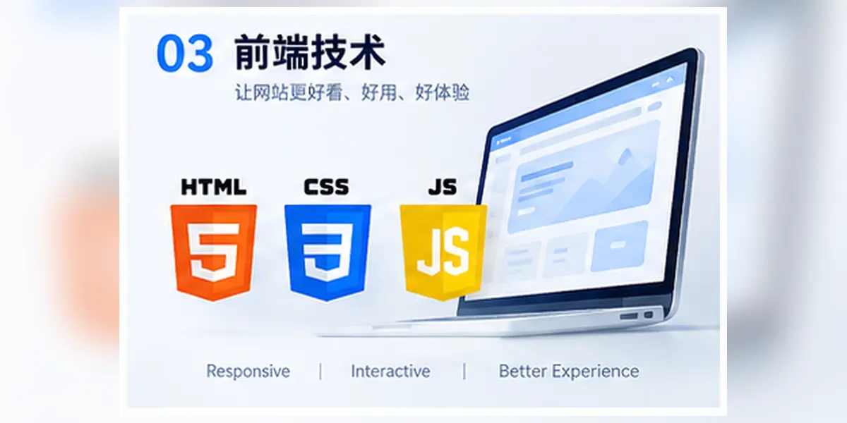 外贸独立站前端技术图解,展示HTML、CSS、JavaScript、React与响应式开发