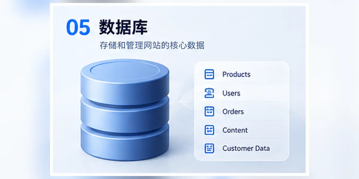 外贸独立站数据库图解,展示产品、用户、订单、内容、客户数据的存储、查询与后台管理方式全流程