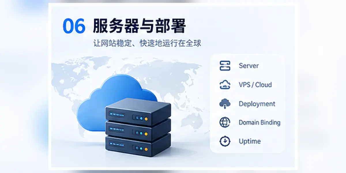 外贸独立站服务器与部署图解,展示云服务器、VPS、部署、域名绑定、运行维护与稳定访问全过程