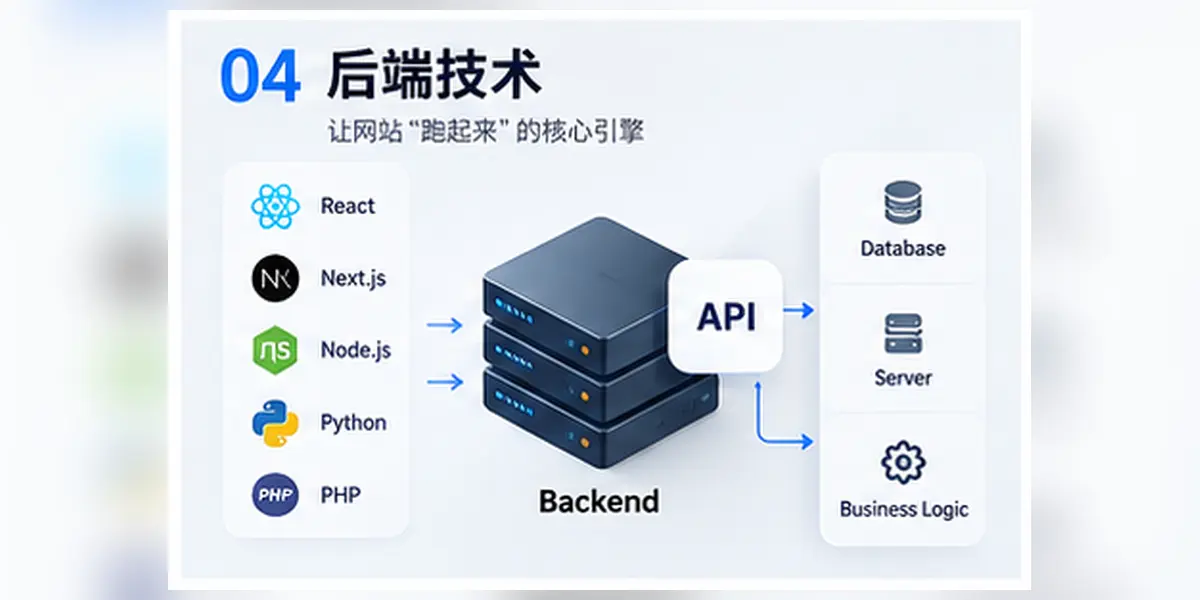 外贸独立站后端技术图解,展示API、服务器、数据库、业务逻辑与前后端数据交互运行关系全流程
