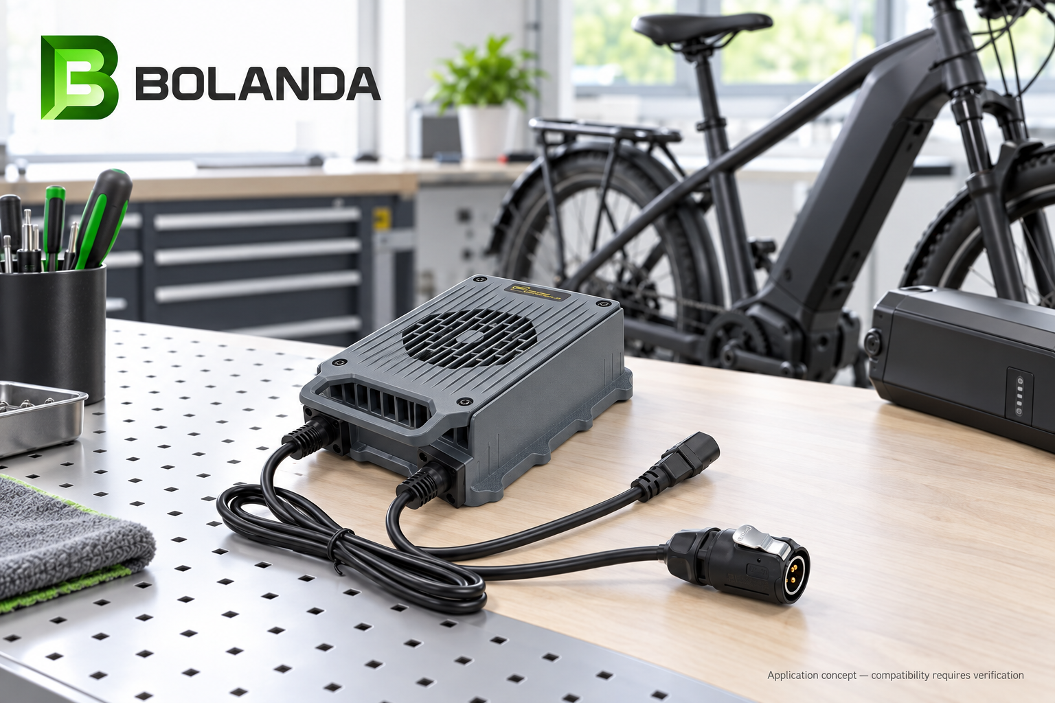 Bolanda-Ladegerät-Anwendungskonzept in einem Arbeitsbereich für Elektromobilitätstechnik
