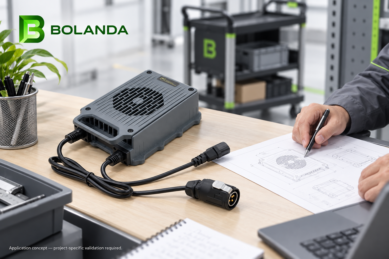Bolanda-Ladegerät-Anwendungskonzept an einer Prototyp-Überprüfungsstation für Industrieanlagen