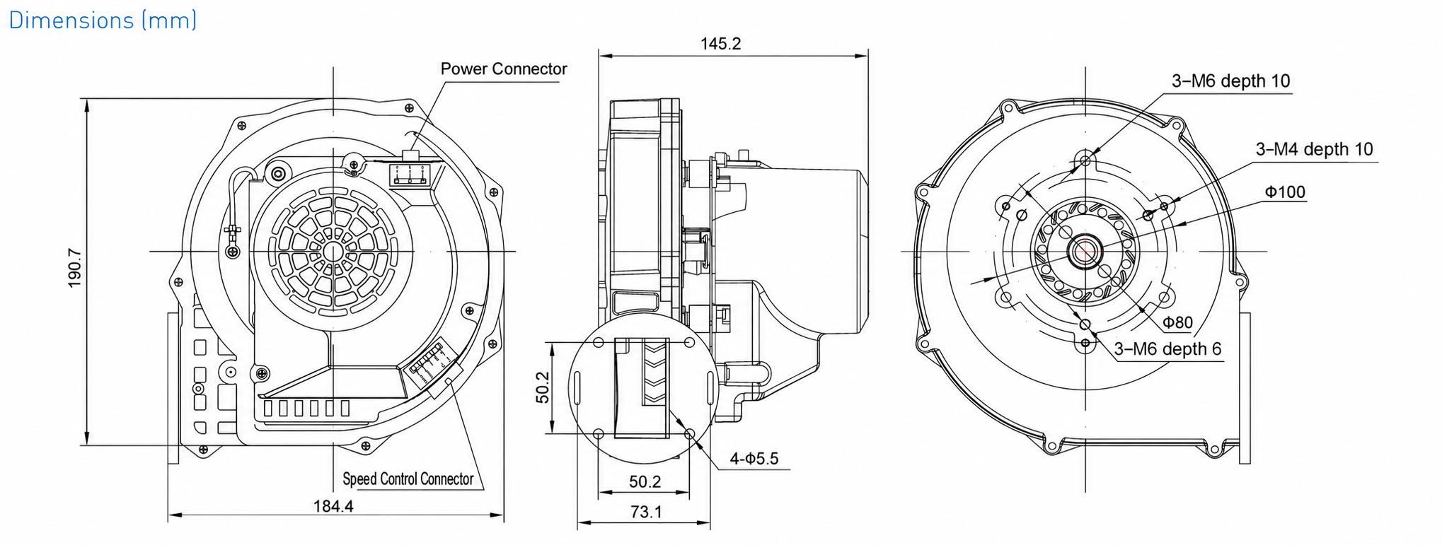 D-RG148L EC gas blower dimensions and mounting drawing